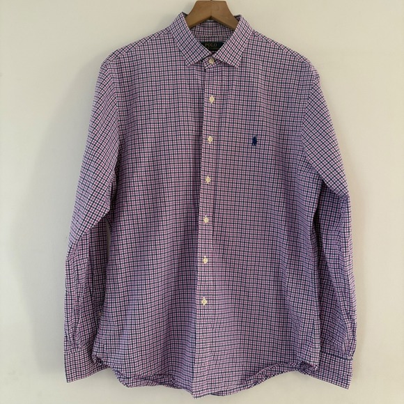 Polo Ralph Lauren Slim Fit Men XL‎ Long Slv Button Up Blue Purple Plaid Work - Picture 7 of 9